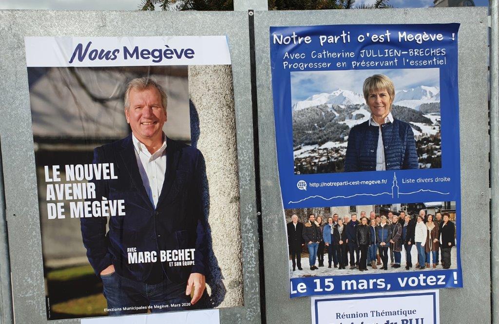 Affiches des Municipales Megève 2020. Le beau gosse et la femme de tête